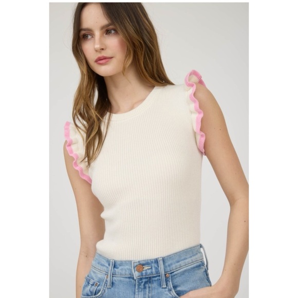 Tops - Cream with Pink Edge Ruffle Top